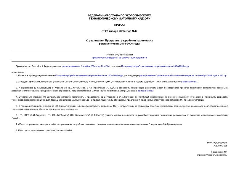 Приказ 47 О реализации Программы разработки технических регламентов на 2004-2006 годы