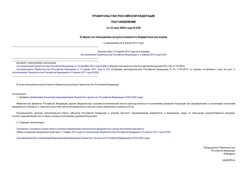 Постановление 249 О мерах по повышению результативности бюджетных расходов