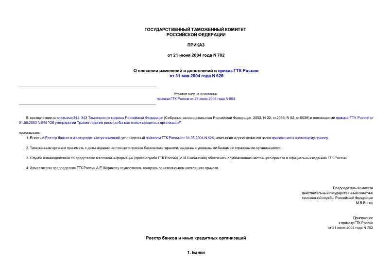 Приказ 702 О внесении изменений и дополнений в приказ ГТК России от 31 мая 2004 года N 626