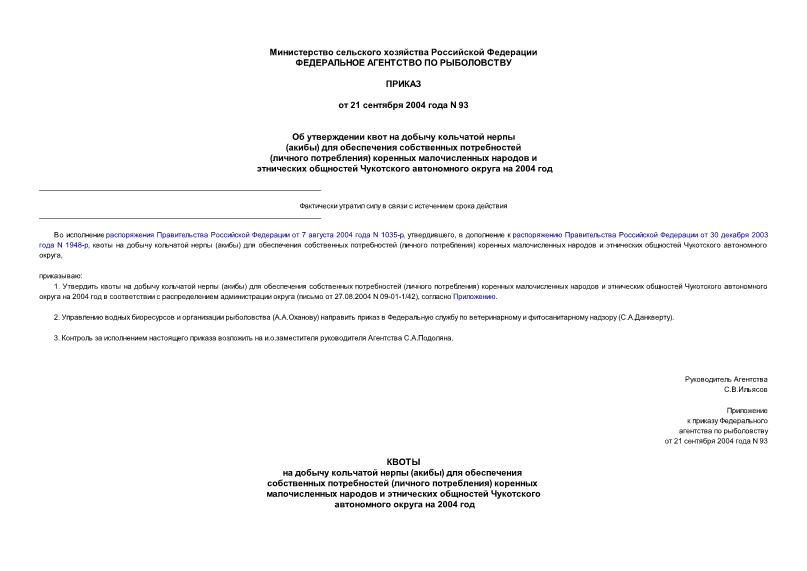 Приказ 93 Об утверждении квот на добычу кольчатой нерпы (акибы) для обеспечения собственных потребностей (личного потребления) коренных малочисленных народов и этнических общностей Чукотского автономного округа на 2004 год