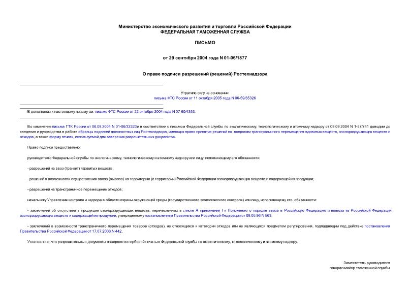 Письмо 01-06/1877 О праве подписи разрешений (решений) Ростехнадзора