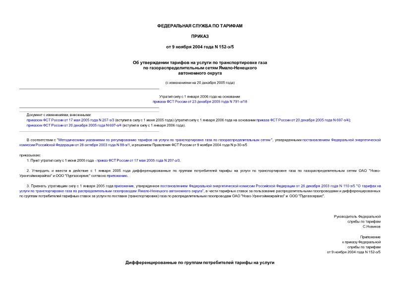 Приказ 152-э/5 Об утверждении тарифов на услуги по транспортировке газа по газораспределительным сетям Ямало-Ненецкого автономного округа