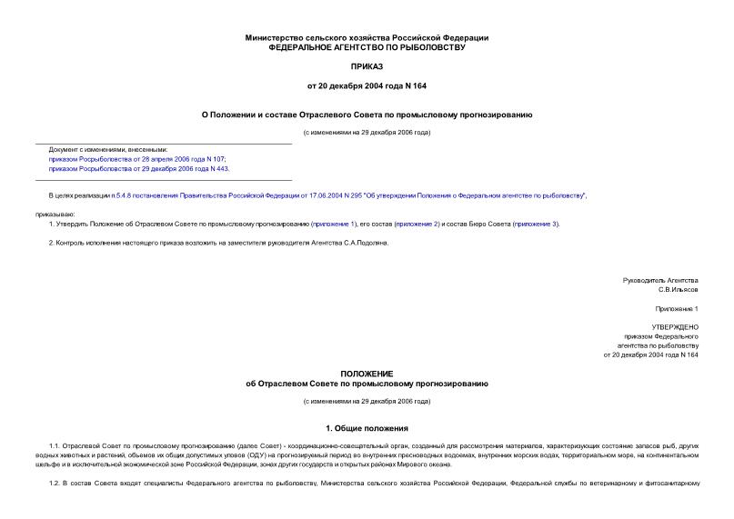 Приказ 164 О Положении и составе Отраслевого Совета по промысловому прогнозированию