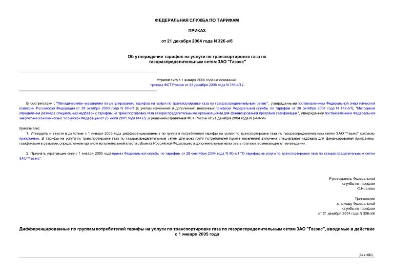 Приказ 326-э/6 Об утверждении тарифов на услуги по транспортировке газа по газораспределительным сетям ЗАО 