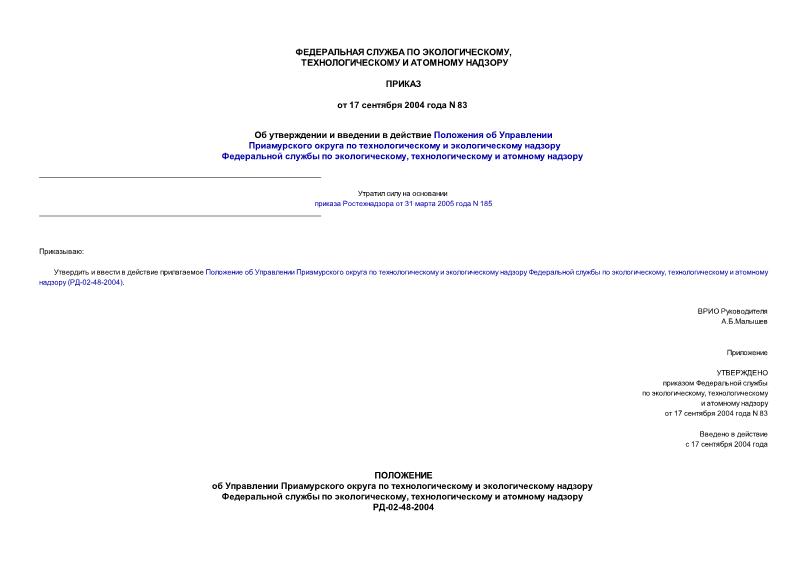 Приказ 83 Об утверждении и введении в действие Положения об Управлении Приамурского округа по технологическому и экологическому надзору Федеральной службы по экологическому, технологическому и атомному надзору