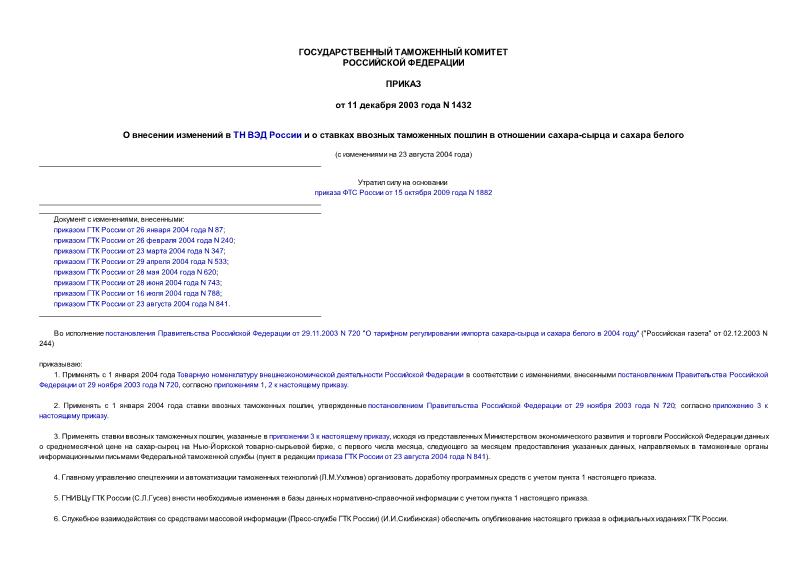 Приказ 1432 О внесении изменений в ТН ВЭД России и о ставках ввозных таможенных пошлин в отношении сахара-сырца и сахара белого