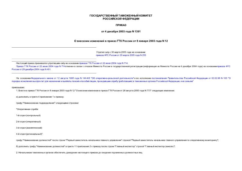 Приказ 1391 О внесении изменений в приказ ГТК России от 08.01.2003 N 12
