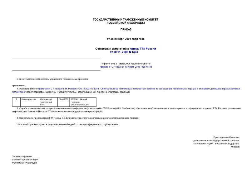 Приказ 88 О внесении изменений в приказ ГТК России от 20.11. 2003 N 1303