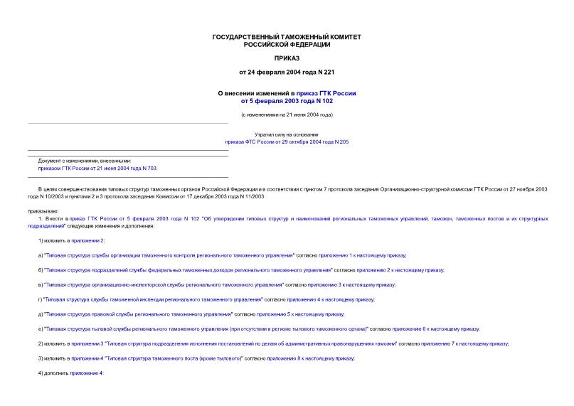 Приказ 221 О внесении изменений в приказ ГТК России от 5 февраля 2003 года N 102