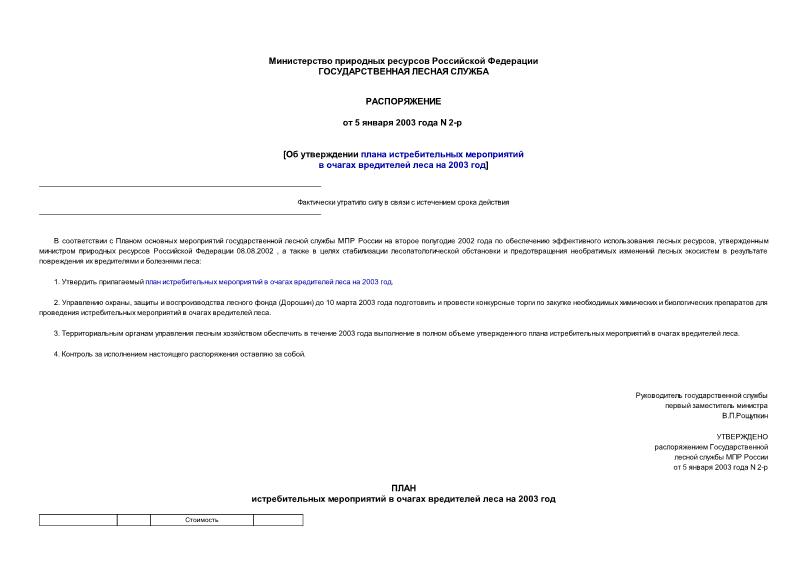 Распоряжение 2-р Об утверждении плана истребительных мероприятий в очагах вредителей леса на 2003 год