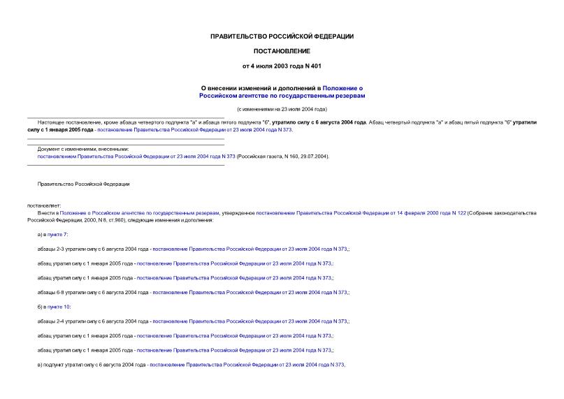 Постановление 401 О внесении изменений и дополнений в Положение о Российском агентстве по государственным резервам