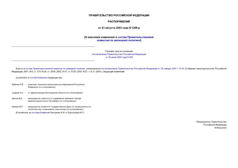 Распоряжение 1206-р О внесении изменений в состав Правительственной комиссии по жилищной политике