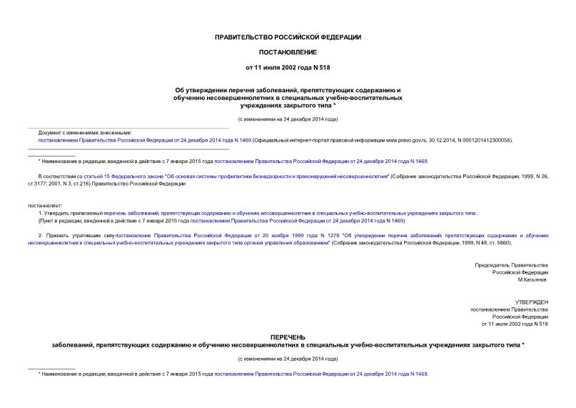Постановление 518 Об утверждении перечня заболеваний, препятствующих содержанию и обучению несовершеннолетних в специальных учебно-воспитательных учреждениях закрытого типа