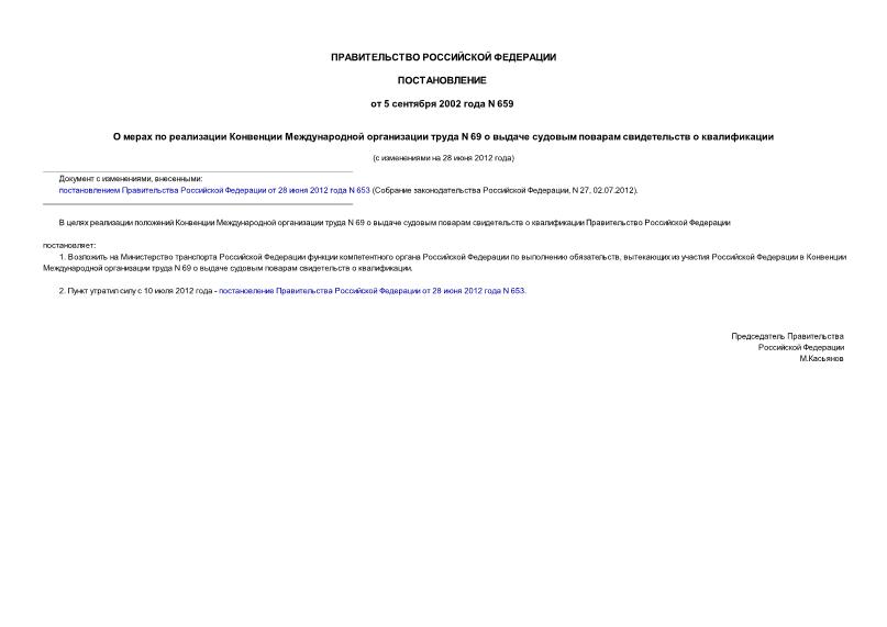 Постановление 659 О мерах по реализации Конвенции Международной организации труда N 69 о выдаче судовым поварам свидетельств о квалификации