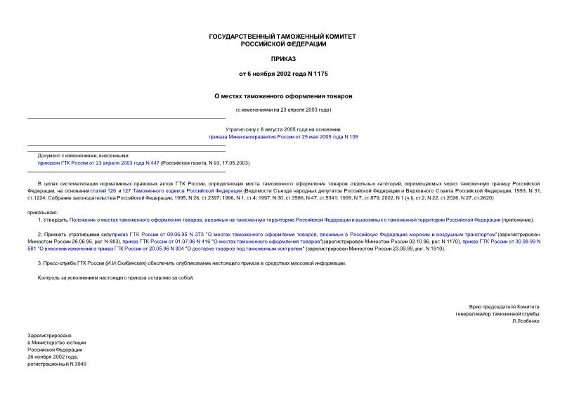 Приказ 1175 О местах таможенного оформления товаров