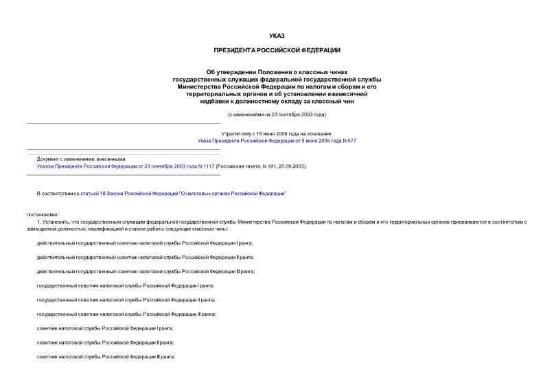 Указ 876 Об утверждении Положения о классных чинах государственных служащих федеральной государственной службы Министерства Российской Федерации по налогам и сборам и его территориальных ...