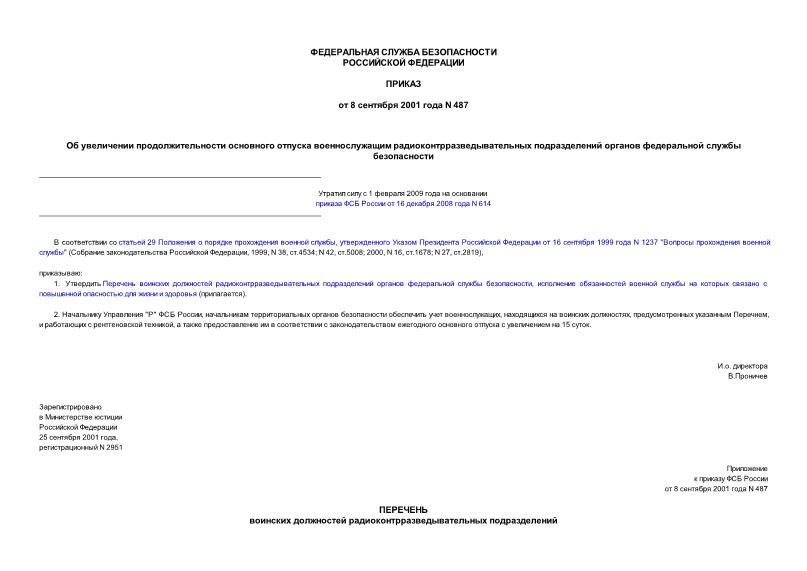 Приказ 487 Об увеличении продолжительности основного отпуска военнослужащим радиоконтрразведывательных подразделений органов федеральной службы безопасности