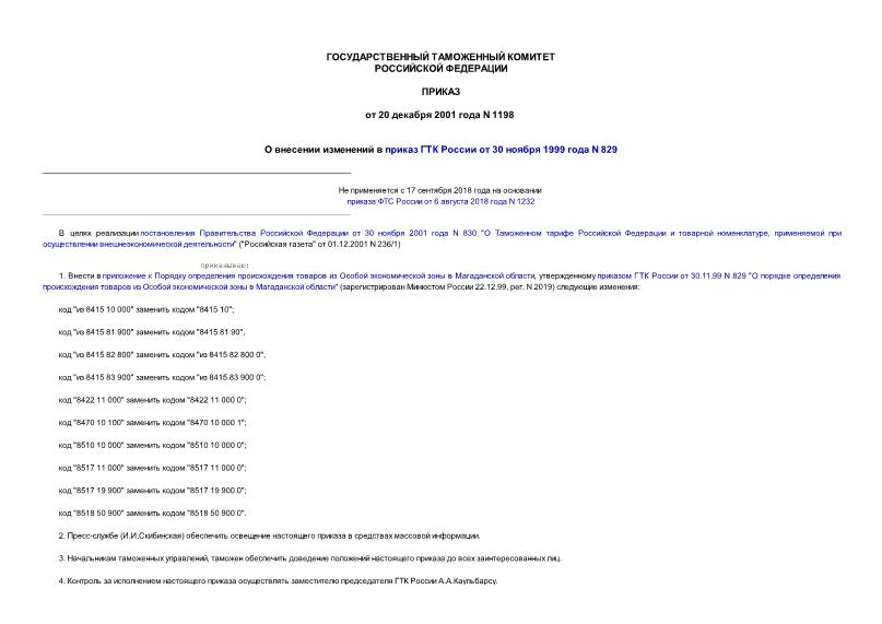 Приказ 1198 О внесении изменений в приказ ГТК России от 30.11.99 N 829