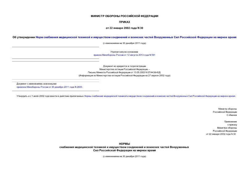 Приказ 30 Об утверждении Норм снабжения медицинской техникой и имуществом соединений и воинских частей Вооруженных Сил Российской Федерации на мирное время