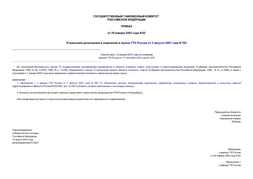 Приказ 82 О внесении дополнений и изменений в приказ ГТК России от 3 августа 2001 года N 760