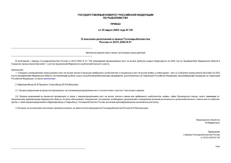 Приказ 139 О внесении дополнений в приказ Госкомрыболовства России от 29.01.2002 N 51