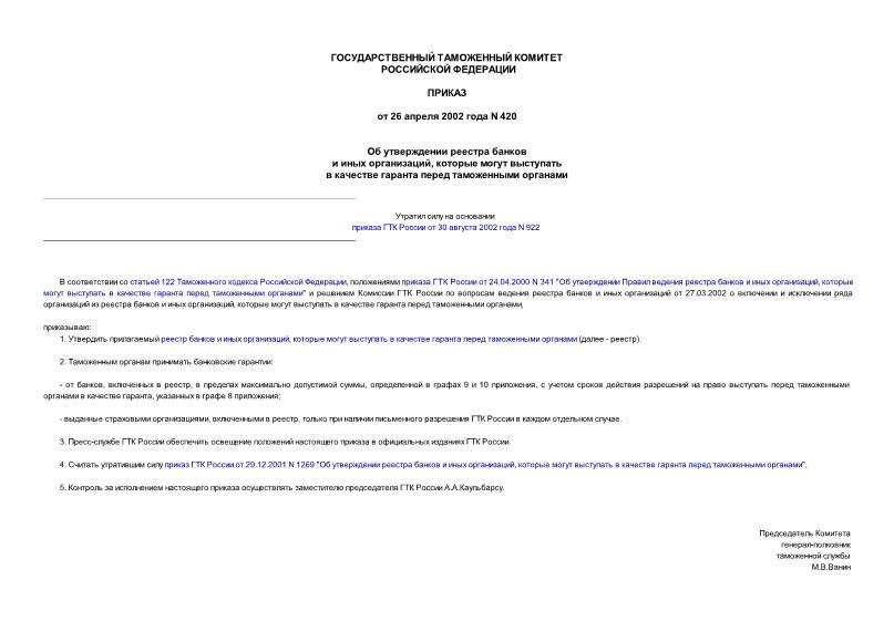 Приказ 420 Об утверждении реестра банков и иных организаций, которые могут выступать в качестве гаранта перед таможенными органами