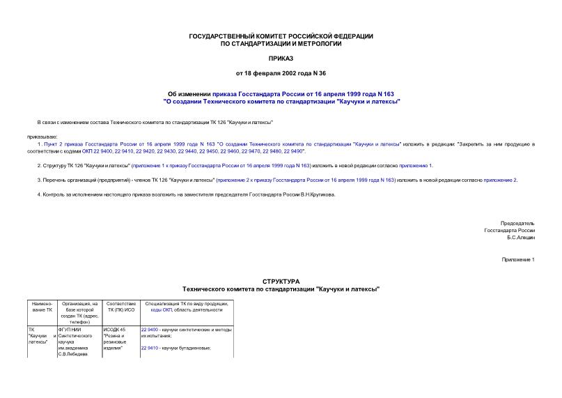 Приказ 36 Об изменении приказа Госстандарта России от 16 апреля 1999 года N 163 