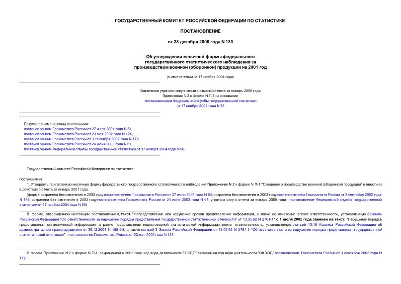 Постановление 133 Об утверждении месячной формы федерального государственного статистического наблюдения за производством военной (оборонной) продукции на 2001 год