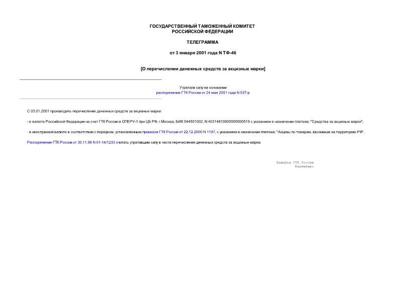 Телеграмма ТФ-46 О перечислении денежных средств за акцизные марки