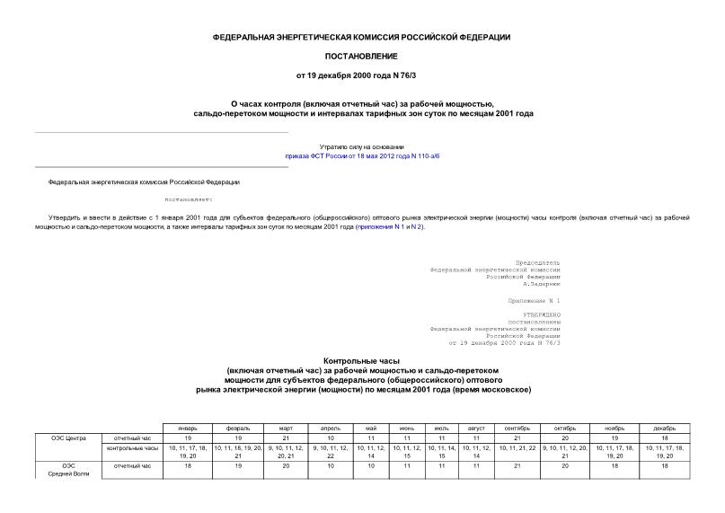 Постановление 76/3 О часах контроля (включая отчетный час) за рабочей мощностью, сальдо-перетоком мощности и интервалах тарифных зон суток по месяцам 2001 года