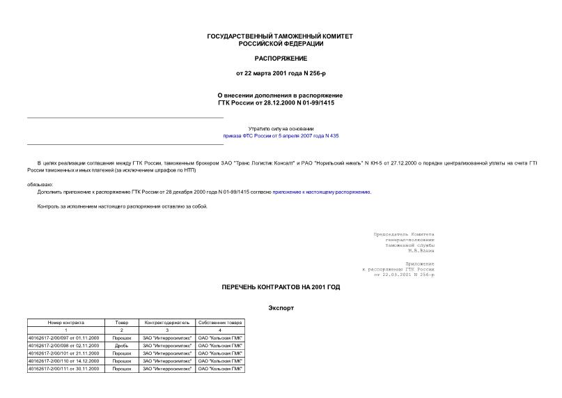 Распоряжение 256-р О внесении дополнения в распоряжение ГТК России от 28.12.2000 N 01-99/1415