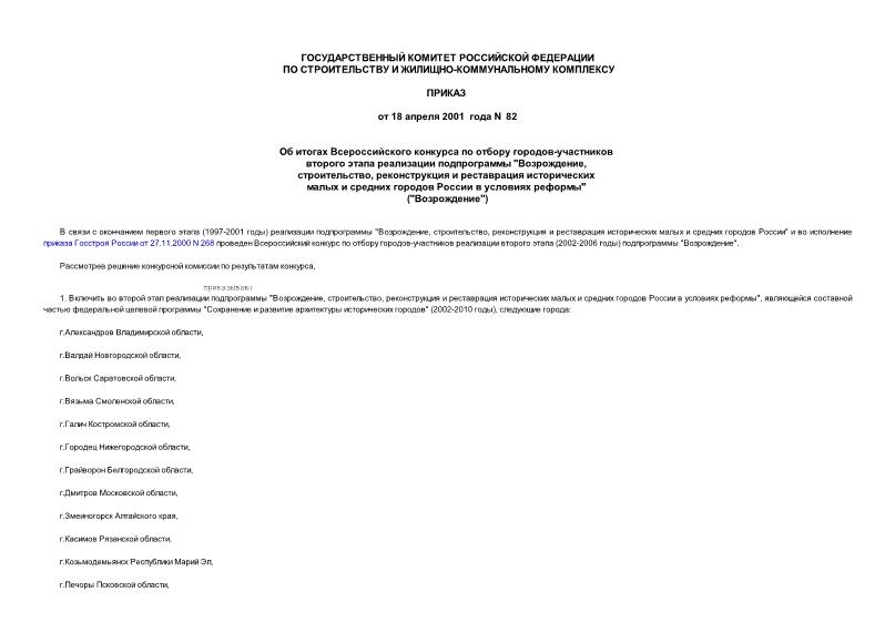 Приказ 82 Об итогах Всероссийского конкурса по отбору городов-участников второго этапа реализации подпрограммы 
