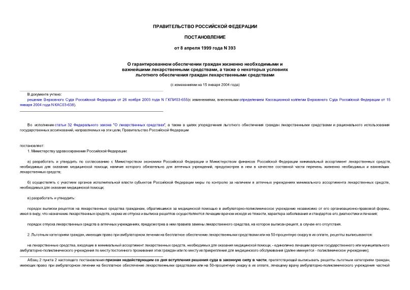 Постановление 393 О гарантированном обеспечении граждан жизненно необходимыми и важнейшими лекарственными средствами, а также о некоторых условиях льготного обеспечения граждан лекарственными средствами