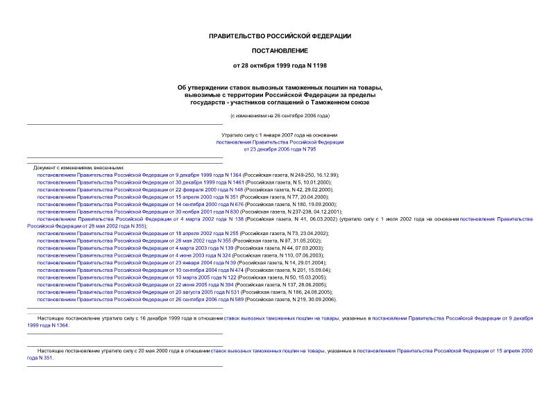 Постановление 1198 Об утверждении ставок вывозных таможенных пошлин на товары, вывозимые с территории Российской Федерации за пределы государств - участников соглашений о Таможенном союзе