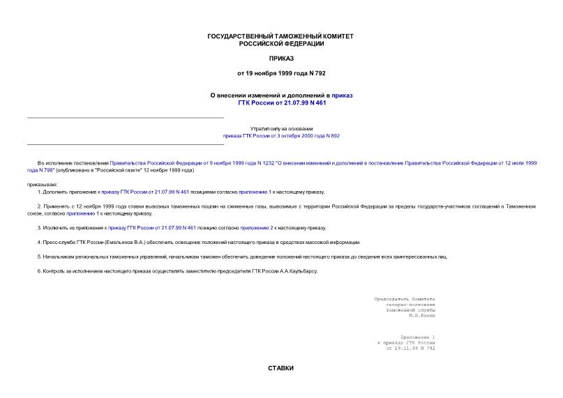 Приказ 792 О внесении изменений и дополнений в приказ ГТК России от 21.07.99 N 461