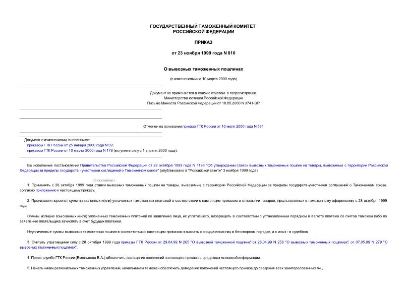 Приказ 810 О вывозных таможенных пошлинах