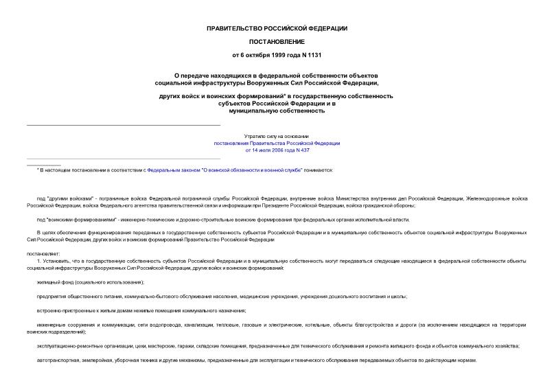 Постановление 1131 О передаче находящихся в федеральной собственности объектов социальной инфраструктуры Вооруженных Сил Российской Федерации, других войск и воинских формирований в государственную собственность субъектов Российской Федерации и в ...