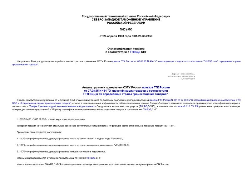 Письмо 01-28-33/2459 О классификации товаров в соответствии с ТН ВЭД СНГ