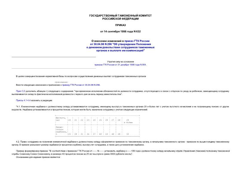 Приказ 632 О внесении изменений в приказ ГТК России от 30.04.98 N 296 