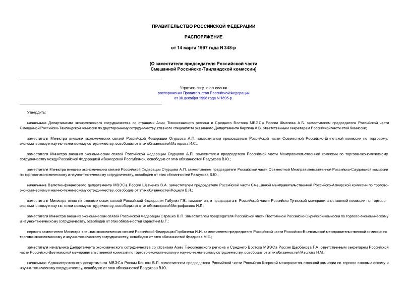 Распоряжение 348-р О заместителе председателя Российской части Смешанной Российско-Таиландской комиссии