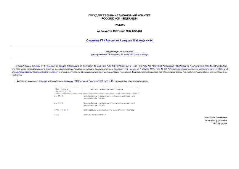 Письмо 07-07/5448 О приказе ГТК России от 07.08.95 N 484