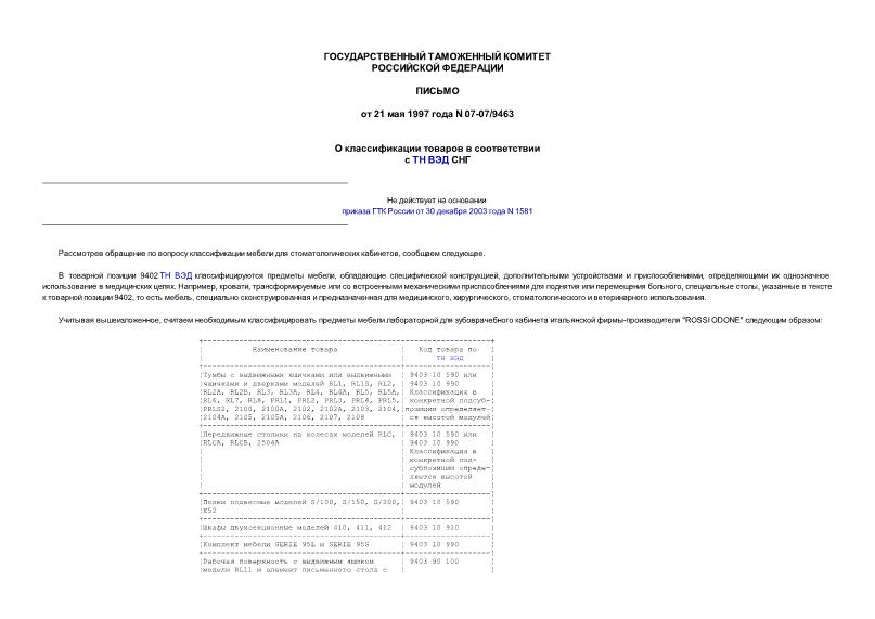 Письмо 07-07/9463 О классификации товаров в соответствии с ТН ВЭД СНГ