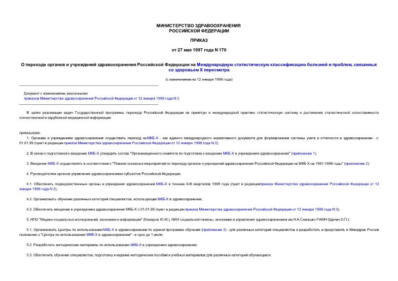 Приказ 170 О переходе органов и учреждений здравоохранения Российской Федерации на Международную статистическую классификацию болезней и проблем, связанных со здоровьем X пересмотра