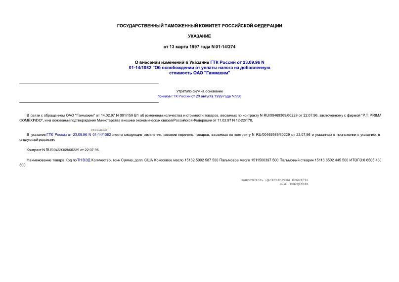 Указание 01-14/274 О внесении изменений в Указание ГТК России от 23.09.96 г. N 01-14/1082 