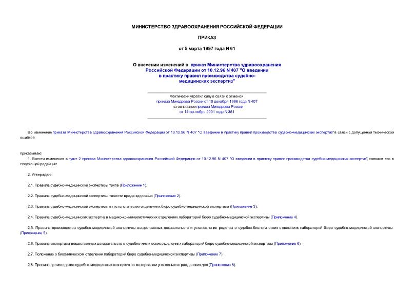 Приказ 61 О внесении изменений в приказ Минздрава России от 10.12.96 N 407 