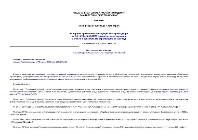 Письмо 08/3-14р/05 О порядке применения Инструкции Росстрахнадзора от 30.01.95 N 02-02/20 при расчете соотношения активов и обязательств страховщика за 1995 год
