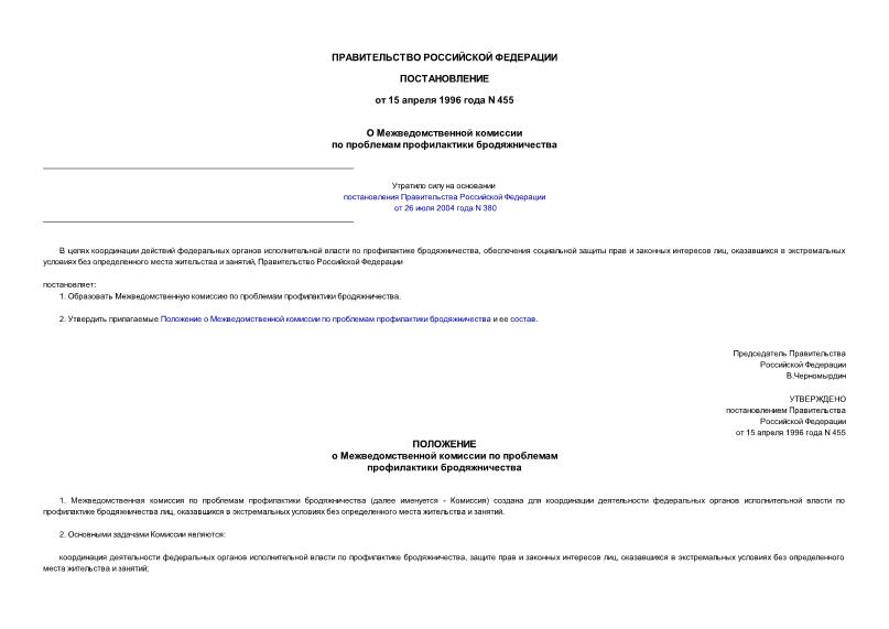 Постановление 455 О Межведомственной комиссии по проблемам профилактики бродяжничества