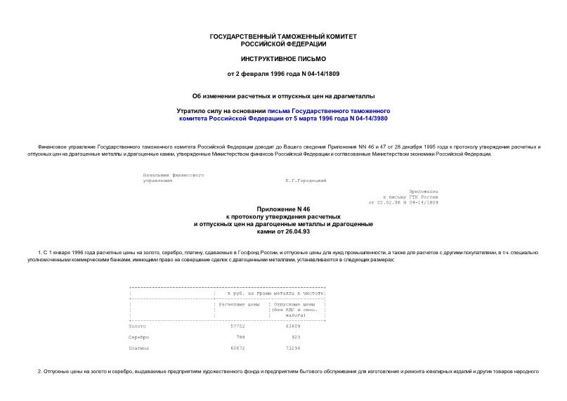Письмо 04-14/1809 Об изменении расчетных и отпускных цен на драгметаллы