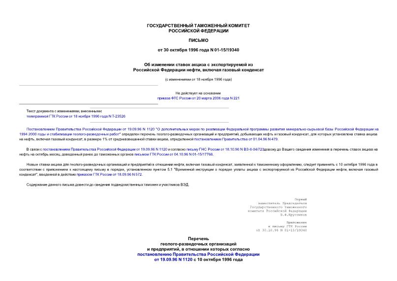 Письмо 01-15/19340 Об изменении ставок акциза с экспортируемой из Российской Федерации нефти, включая газовый конденсат