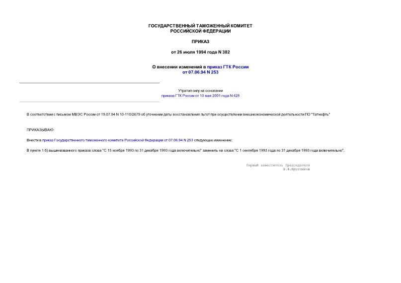 Приказ 382 О внесении изменений в приказ ГТК России от 07.06.94 N 253